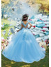 Sky Blue Lace Tulle V Back Gorgeous Flower Girl Dress